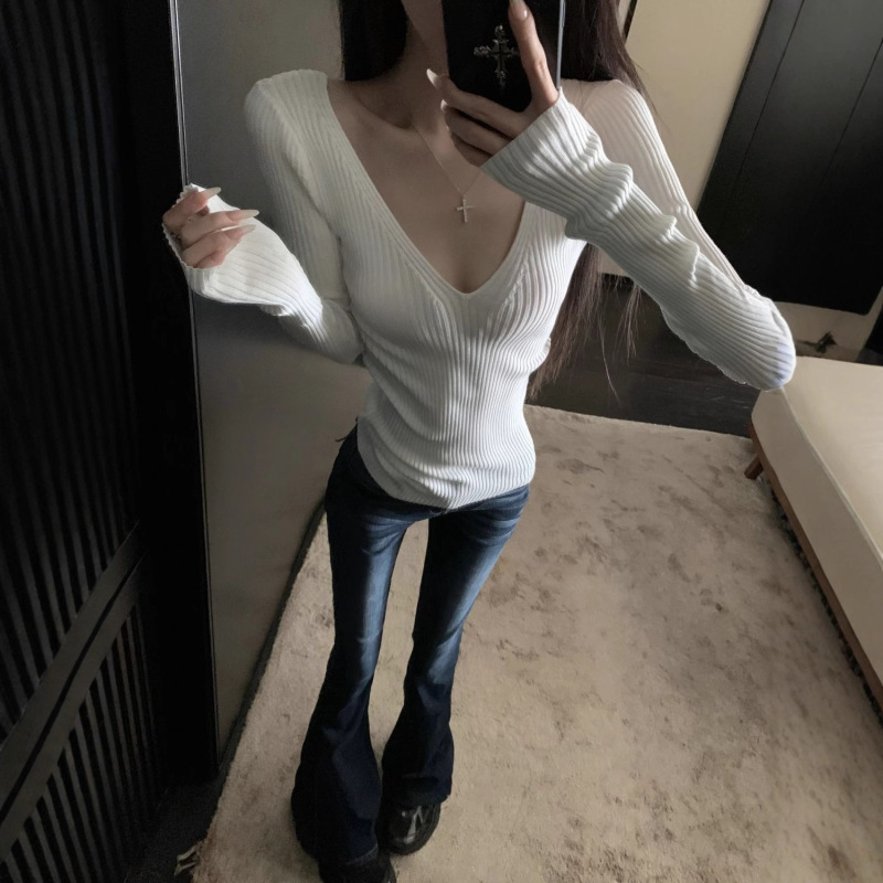 韩系chic风纯欲辣妹修身显瘦小众V领针织衫女秋新款休闲百搭上衣|undefined