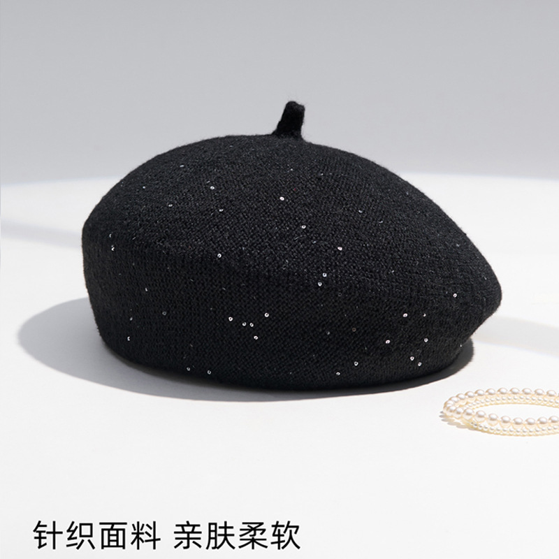 秋冬季英伦风亮片针织贝雷帽子女韩系百搭保暖帽时尚休闲画家帽潮|undefined