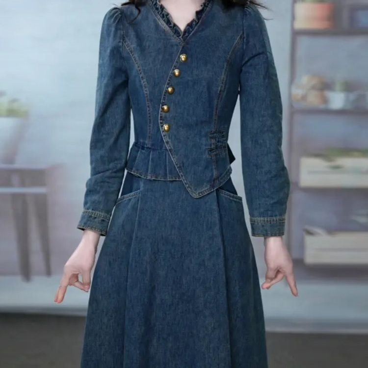 気質の優雅なファッションのデニムのワンピースの秋の2025新型の婦人服のきれいなお母さんの偽の2つのスカート|undefined