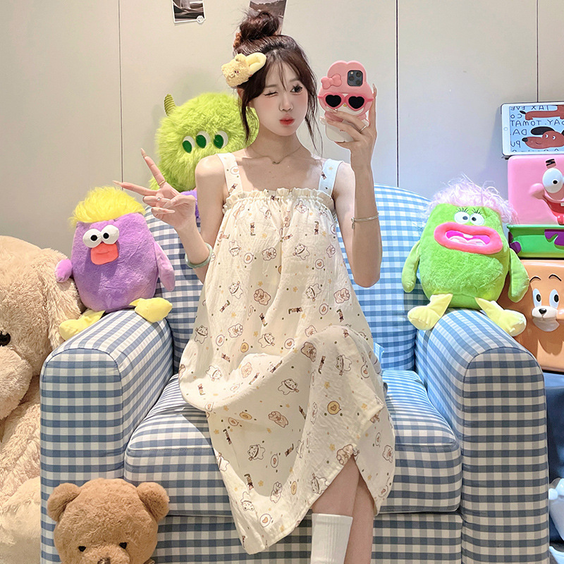 2025 nuevo pijama de hilo de algodón de nube camisón de verano para mujer linda niña dulce con cojín para el pecho servicio a domicilio