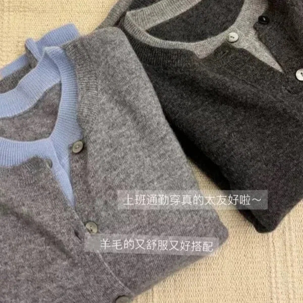 Autumn and Winter New Style 100% Wool Cardigan Women's Color-Blocked Gray and Blue Fake Two-Piece Knitwear Cashmere Knitwear Jacket High-End Autumn and Winter New Style 100% Wool Cardigan Women's Color-Blocked Gray and Blue Fake Two-Piece Knitwear Cashmere Knitwear Jacket High-End
