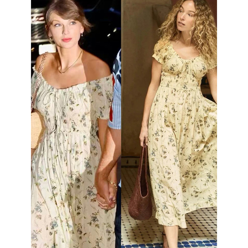 Taylor Swift Style Doen Round Neck Short-Sleeve Cute Floral Dress with a Pastoral Seaside Vacation Vibe Taylor Swift Style Doen Round Neck Short-Sleeve Cute Floral Dress with a Pastoral Seaside Vacation Vibe