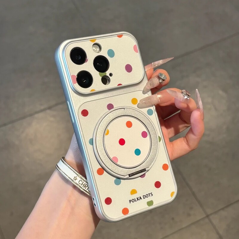 Suitable for Iphone17Promax Colorful Polka Dot Phone Case with Rotating Stand and Magnetic Attachment, Anti-Fall Soft Case for iPhone 16/13