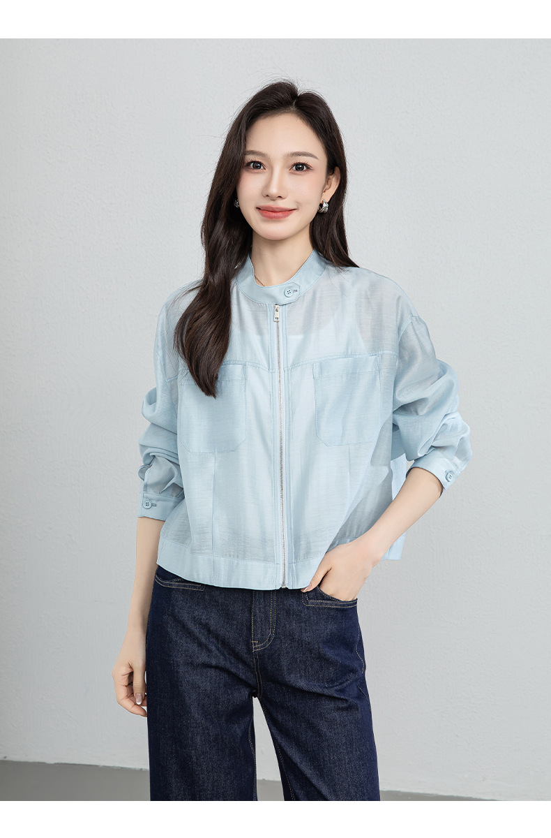 Áo khoác sơ mi ngắn tay nữ chất liệu linen pha acetate mùa hè dáng rộng — Xanh da trờicolor chi tiết 22