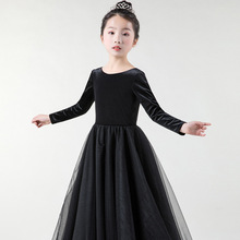 儿童晚礼服夏2024黑色长袖丝绒女孩钢琴表演出服小提琴演奏公主裙
