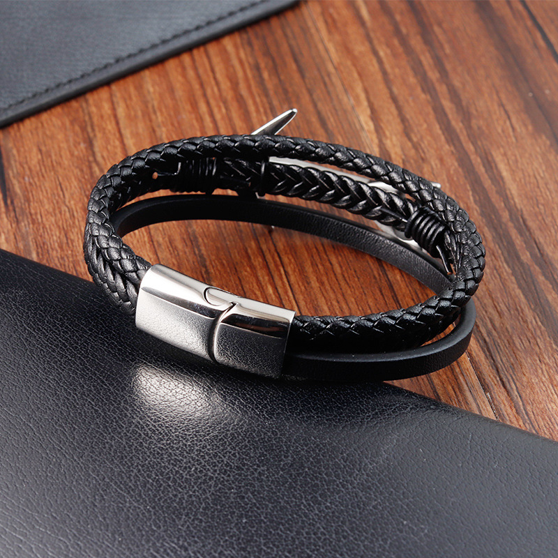 Men's Gender Retro 316L Stainless Steel Pu Leather Arrow Men Cord & Leather Bracelets