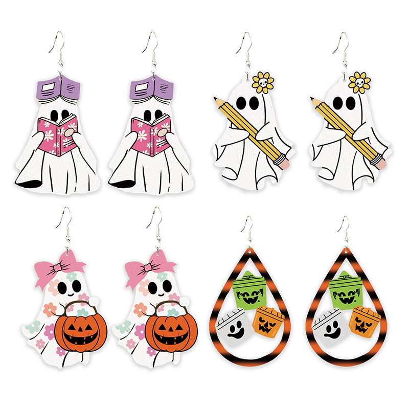 クロスボーダー Amazon ハロウィン ジュエリー かわいい ゴースト キャンディー ジャー 読書 教師 学校 木製プリント イヤリング|undefined