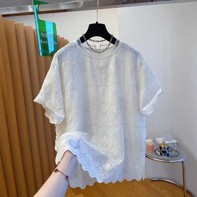 French High-End Embroidered Lace Shirt Women's Short-Sleeved Top 2025 Summer New Loose Large Size Unique and Beautiful T-Shirt French High-End Embroidered Lace Shirt Women's Short-Sleeved Top 2025 Summer New Loose Large Size Unique and Beautiful T-Shirt