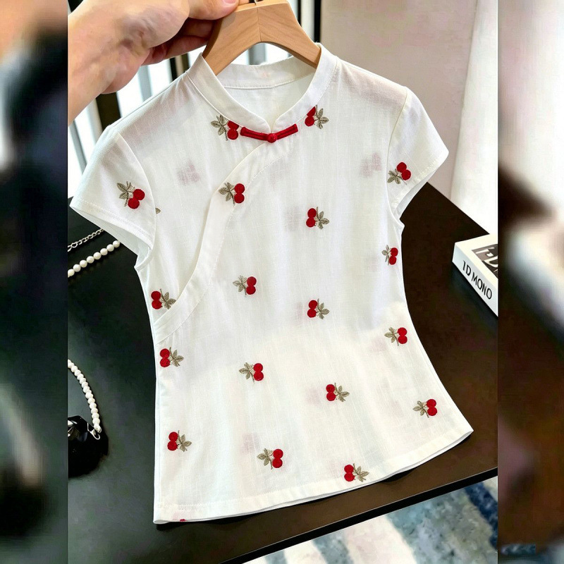Improved young style new Chinese-style top with stand-up collar and cherry print, light national style women's clothing, new summer 2026 collection Improved young style new Chinese-style top with stand-up collar and cherry print, light national style women's clothing, new summer 2026 collection
