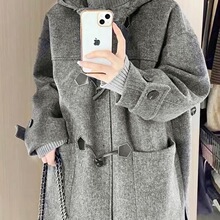 学院风毛呢外套女装2026新款高个子连帽秋冬宽松大衣工装厚风衣潮
