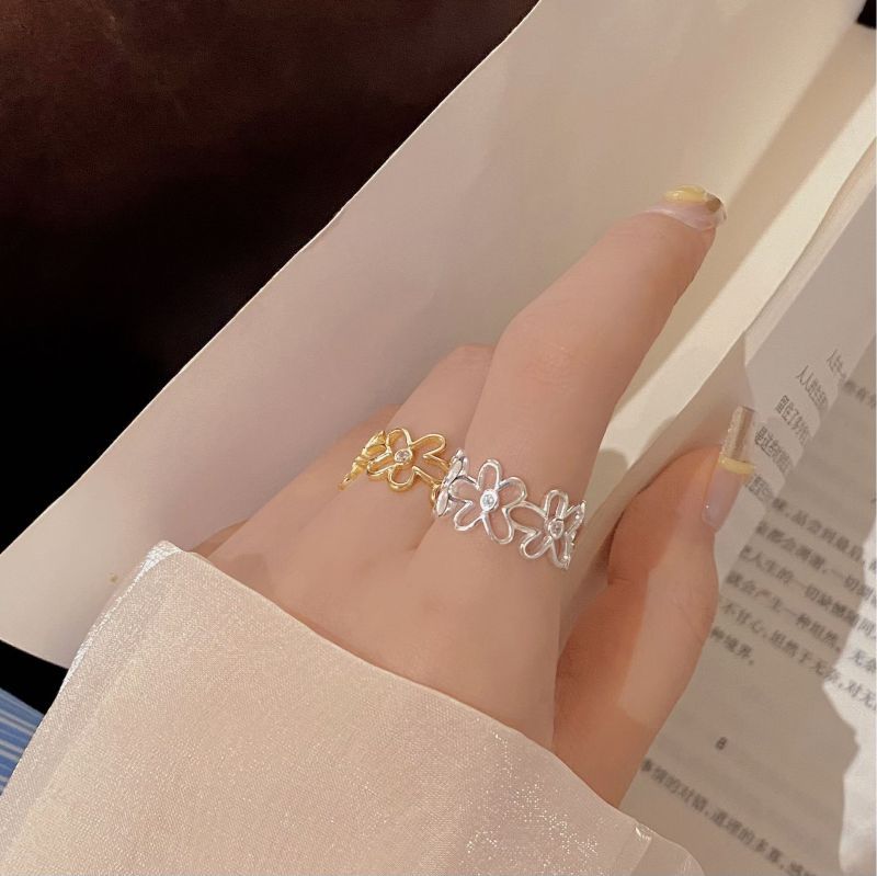 Plant, Flower Pattern 1 Piece 925 Sterling Silver Plant Flower Diamond 18K Gold Plated Silver Plated Adjustable Ring Open Rings Rings