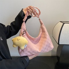 2025 秋冬新ぬいぐるみチェック柄ハンドバッグレトロ大容量ショルダーバッグカジュアルハンドヘルドクロスボディバッグ