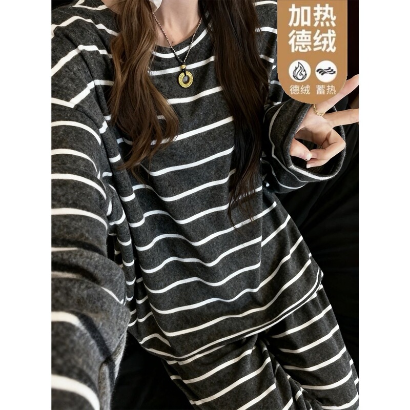 Live-Stream Popular Women's Autumn and Winter Thermal Pajamas, Warm Heated Round-Neck Striped Long-Sleeve Korean-Style Sweet Homewear Set Live-Stream Popular Women's Autumn and Winter Thermal Pajamas, Warm Heated Round-Neck Striped Long-Sleeve Korean-Style Sweet Homewear Set