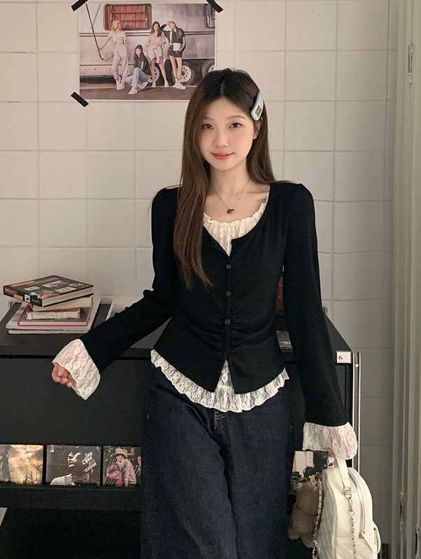 秋季假两件内搭打底衫大码女装胖mm2025百搭韩系穿搭蕾丝拼接上衣|undefined