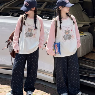 女童秋装打底衫卡通洋气撞色T恤2026早秋新款儿童插肩袖纯棉上衣