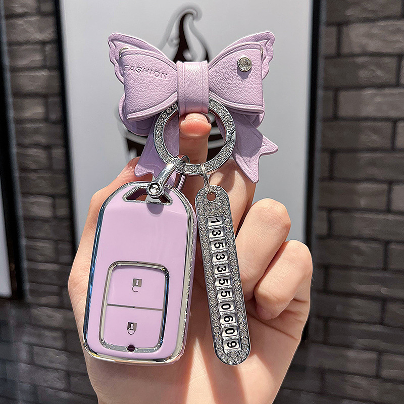 BT 키 유형 A - 스마트 2 버튼 [싱글 쉘 퍼플] + 퍼플 보우 다이아몬드 버클 + 실버 번호판