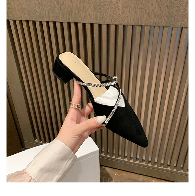 New Style French Elegant Pointed-Toe Sandals with Rhinestone Straps, Slip-On Chunky Heel Mules for Women New Style French Elegant Pointed-Toe Sandals with Rhinestone Straps, Slip-On Chunky Heel Mules for Women