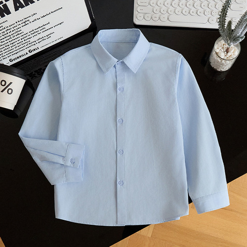 Boys' white long-sleeve autumn children's white school uniform host performance shirt white spring and autumn long-sleeve