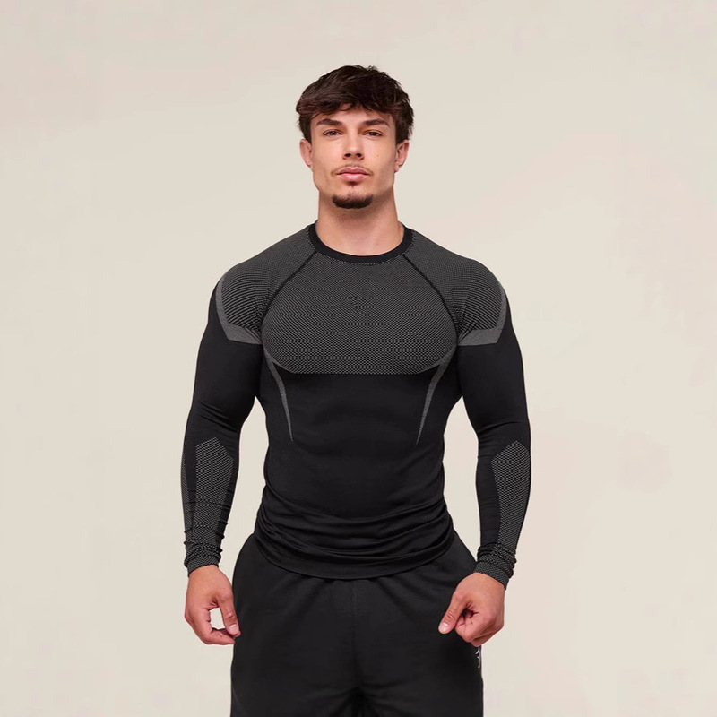Gym New Muscle Fitness Sports Running Long-Sleeved T-Shirt Tight Breathable Elastic Basketball Training Printed Top