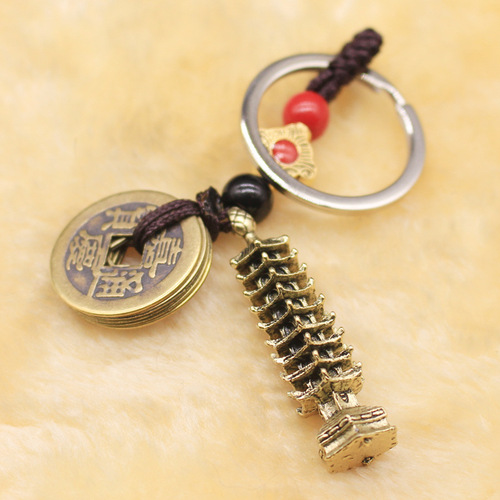 Keychain Real Copper Five Emperors Money Pagoda Gold List Nomination Pen Car Key Pendant Supplies Decoration Men's Street Stall