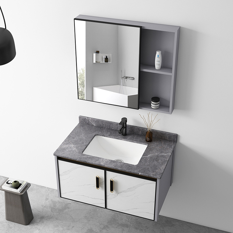 Combinación de gabinete de baño de aluminio de espacio de placa de roca combinación de gabinete de lavabo de baño minimalista moderno lavabo de cerámica de lujo ligero
