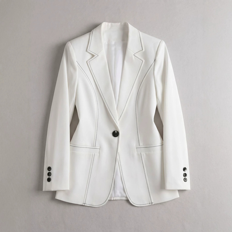 Cross-Border European and American Style White Topstitched Waist-Cinching One-Button Slim-Fit Elegant Women's Blazer, Customizable Cross-Border European and American Style White Topstitched Waist-Cinching One-Button Slim-Fit Elegant Women's Blazer, Customizable