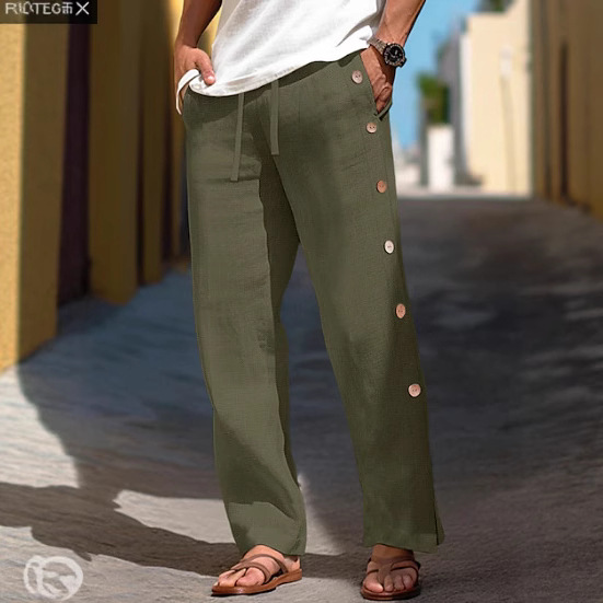 Men's linen trousers drawstring elastic waist side buckle solid color breathable comfortable daily holiday classic leisure