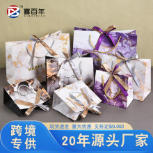 跨境大理石纹礼品袋高级感手提袋 加厚购物包装袋烫金配丝带纸袋