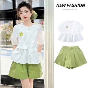 Girls' White Pure Cotton Short-Sleeved Shirt 2025 Summer New Style Kidsren's Shirt Medium and Large Kidsren's Tops Little Girls