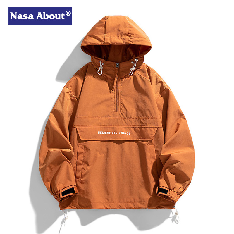 NASA 미국 패션 브랜드 재킷 봄과 가을 새로운 느슨한 Pu 잘 생긴 야외 방풍 반 지퍼 후드 재킷