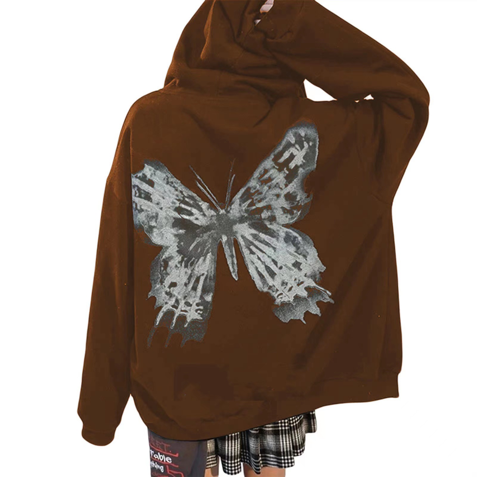 Damen Fleece Kapuzenpullover Mit Reißverschluss Und Schmetterling_voghion.com