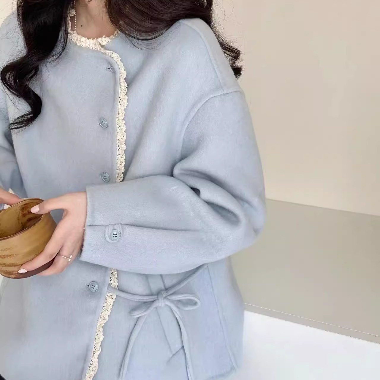 双面女式羊毛呢外套短款小个子蕾丝边温柔风外套国风设计厂家批发