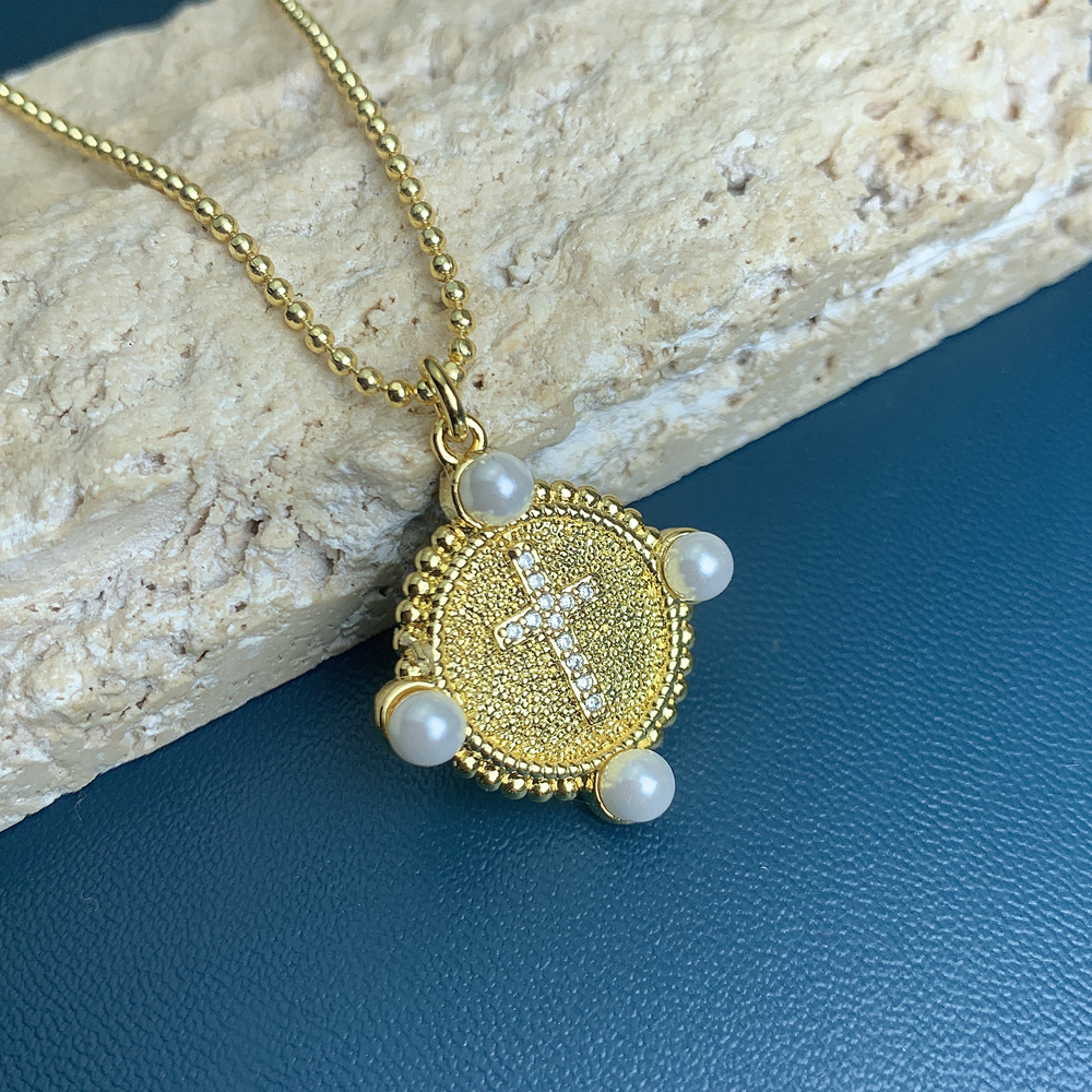 Fashion Cross Oval Copper Inlay Artificial Pearls Rhinestones Necklace 1 Piece