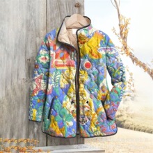 2025新款立领裥棉女卫衣 花卉图案印花纽扣女式棉服卫衣2