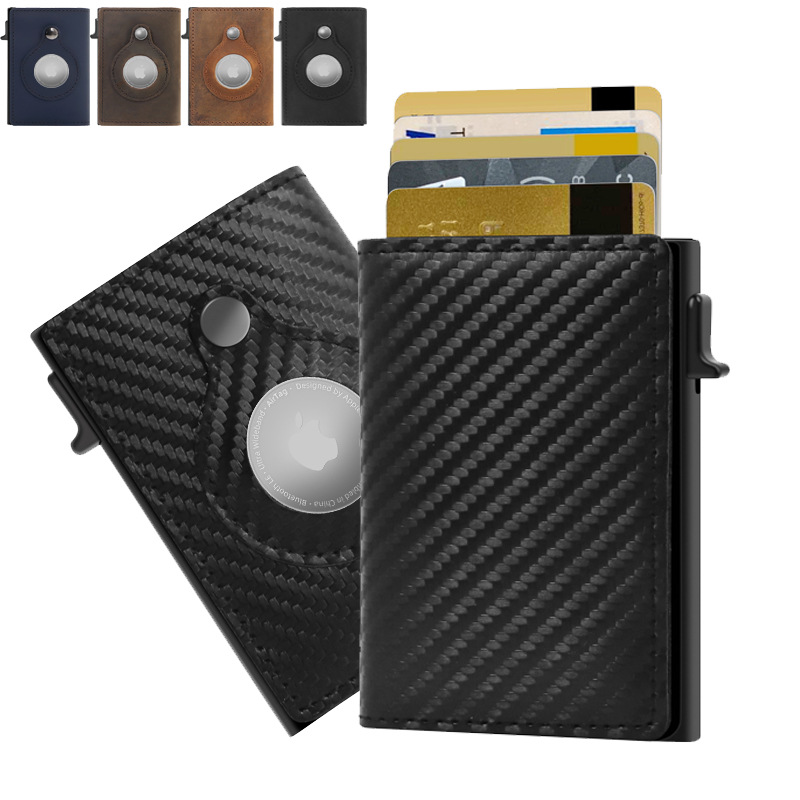 New Carbon Fiber Pattern Airtag Positioning Tracker Card Holder Card Clip Automatic Card Ejecting RFID Anti-Theft Card Bag
