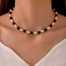 亚马逊跨境优雅饰品 黑白珍珠单层锁骨链 高级感串珠单层项链