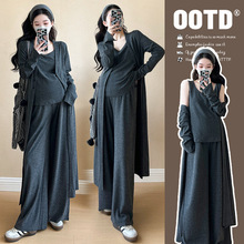 孕妇春季新款打底背心宽松休闲阔腿裤中长款开衫外套简约大码套装