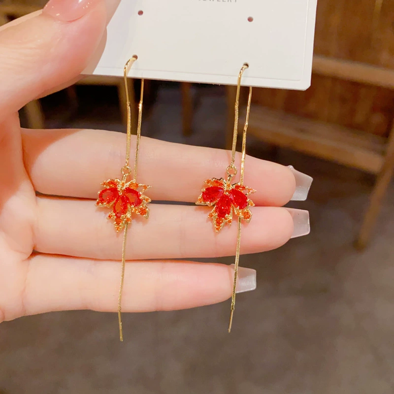 Long Maple Leaf Earrings, Red Tassel Dangle, Light Luxury Style, Universal Fit