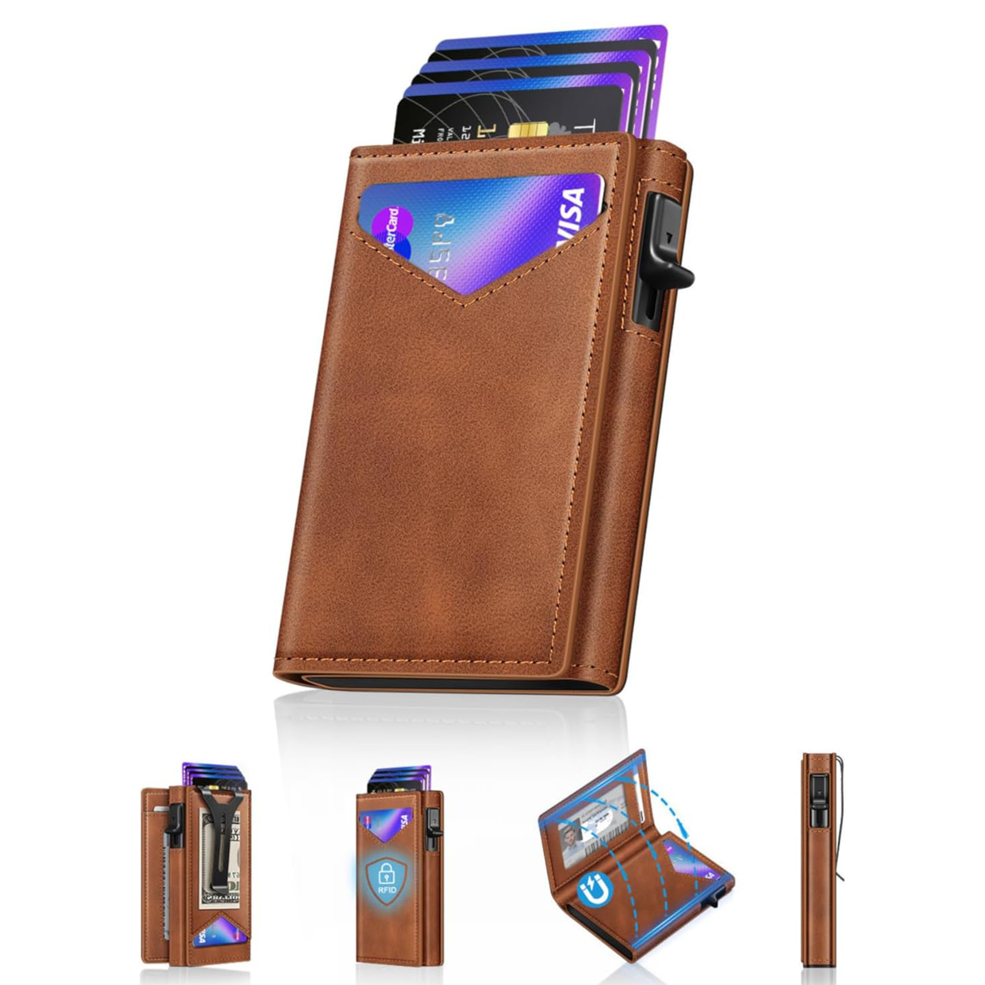 Amazon doble doble flip cartera de absorción RFID anti-robo cartera de cuero de metal multi-tarjeta cartera de negocios para hombres