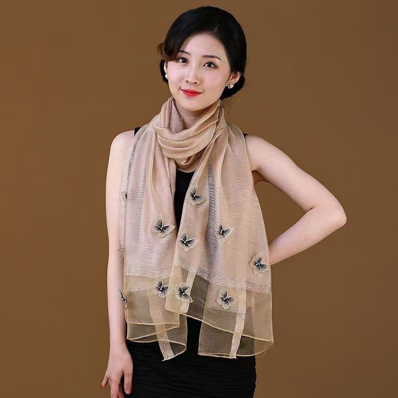 秋と冬の韓国シルクスカーフ女性用模擬シルクファッション立体蝶刺繍薄いガーゼスカーフ母親のギフト|undefined
