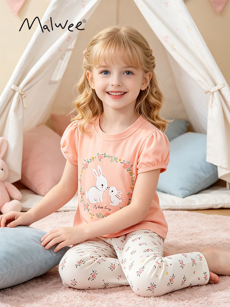 Malwee para niños de manga corta Camiseta traje europeo y americano de las niñas pantalones de media manga corta conjunto de dos piezas de estilo occidental conjunto al por mayor
