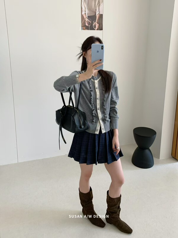 苏珊 2025秋冬木耳边褶皱拼接针织开衫毛衣外套女新款上衣27812|undefined