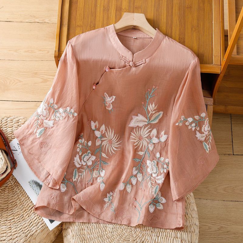 文学的な春夏の新しいスタイルのスタンドカラー半袖Tシャツ、女性用、エレガントな七分袖ボタン刺繍コットンとリネントップ|undefined