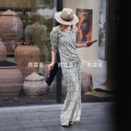 金辉夏季新款高奢时尚真丝双绉印花圆收褶侧抽绳连衣裙