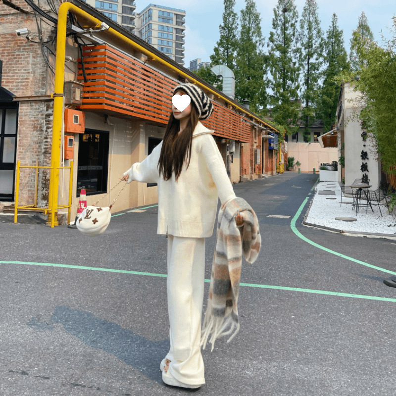 黄色宽松慵懒风时尚针织套装女秋冬新款韩版洋气休闲阔腿裤两件套|undefined