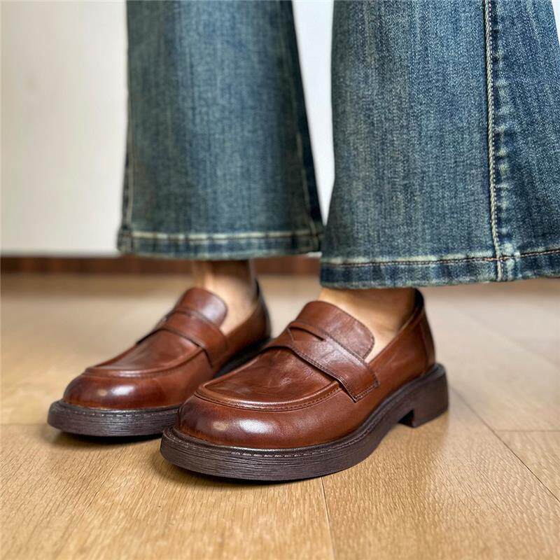 Giày lười nữ da thật Anh, mũi tròn, gót thấp 3–5 cm, đế bằng — màu đen chi tiết 12