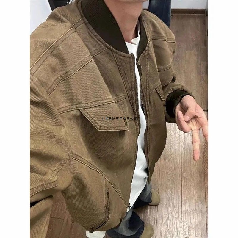 European and American Retro Multi-Zip Design Harrington Jacket for Men, Spring and Autumn High Street Versatile Pilot Baseball Collar Jacket