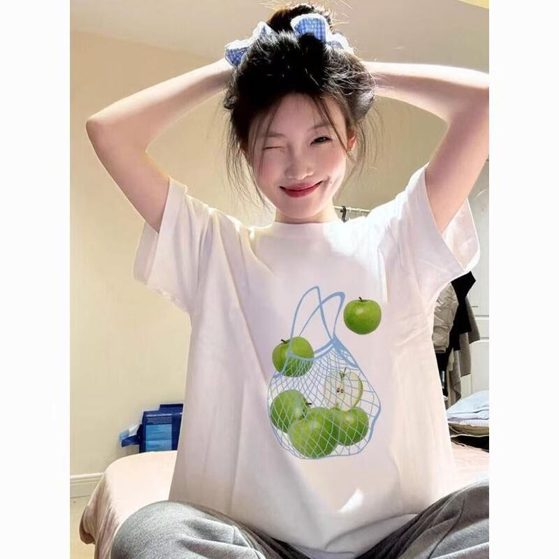 Pure Cotton Korean-Style Fresh Green Apple Print Short-Sleeve T-Shirt for Women, Ins Summer Loose Versatile White Top Pure Cotton Korean-Style Fresh Green Apple Print Short-Sleeve T-Shirt for Women, Ins Summer Loose Versatile White Top