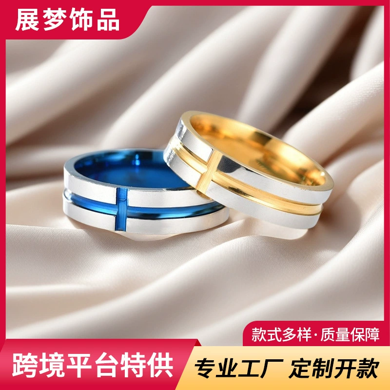 Нержавеющая сталь крест двухцветное кольцо трансграничный индивидуальность синий крест кольцо креативное ретро титановое кольцо оптом