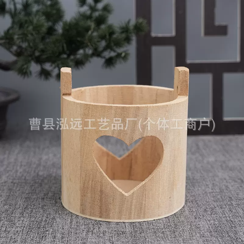 圆形心型双耳桶厂家直销木质桐木杂物收纳木桶办公笔筒实木摆件